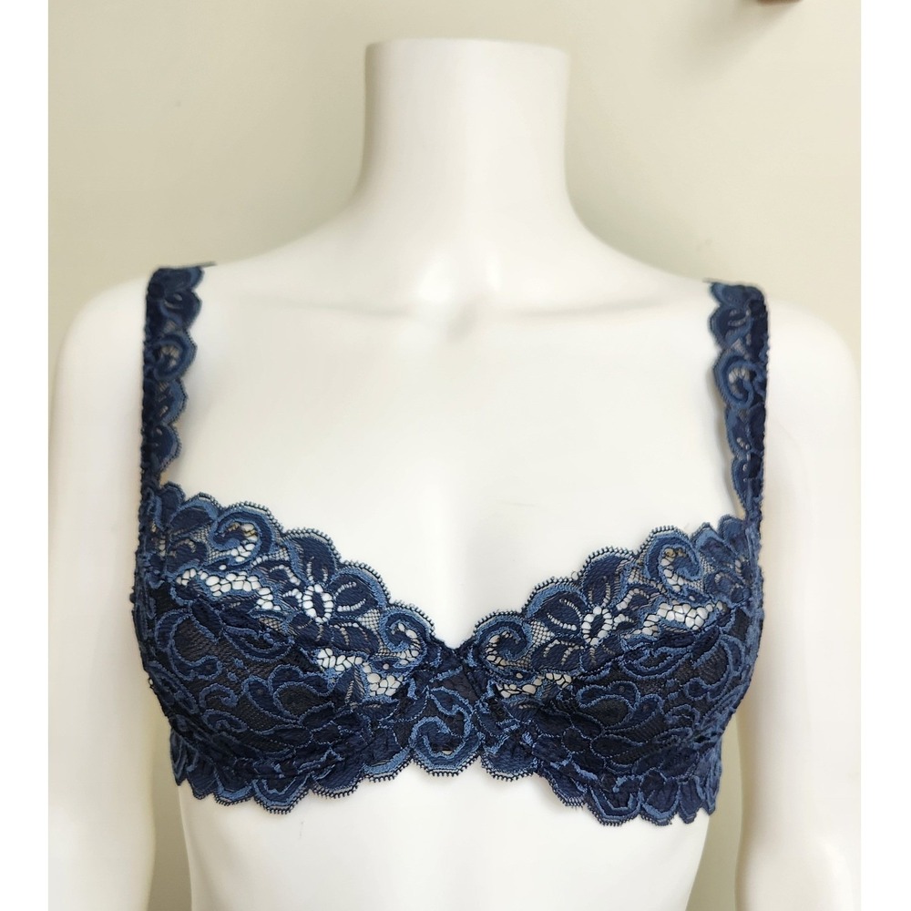 Hanro Lace Underwire Bra Womens 34B Blue Floral Sheer Scalloped Coquette Luxe